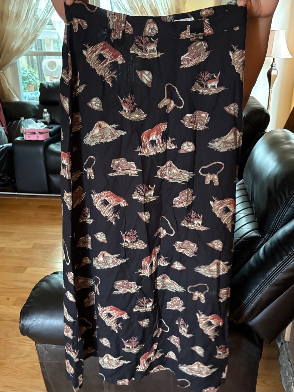 Black Patterned Pet Cat Skirt with Beige and Brown Motifs